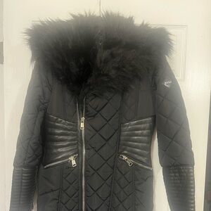 Brand new long black xoxo jacket for women size junior, faux fur & faux leather